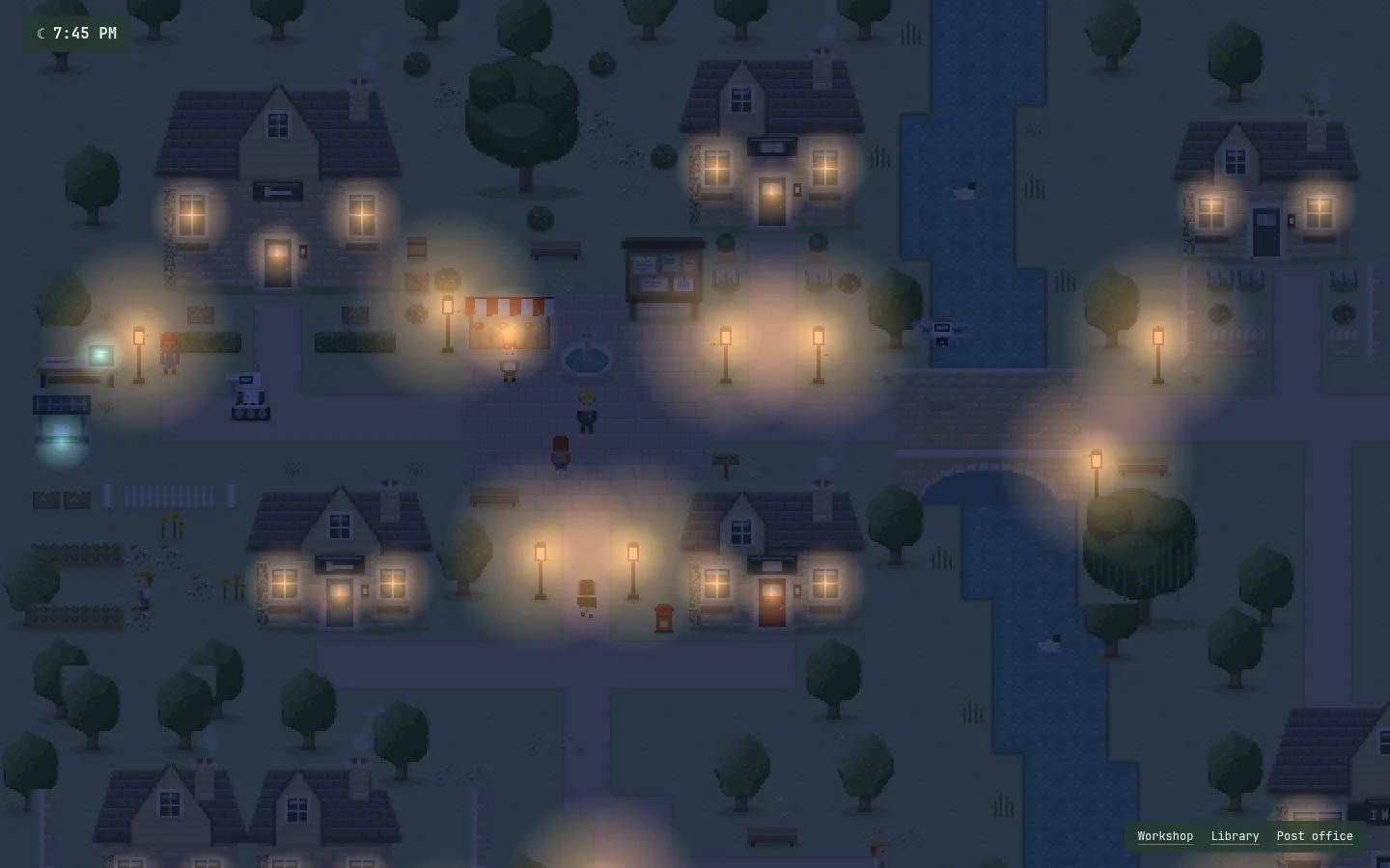 The same village at dusk with lit windows, street lamps, and a moon clock reading 7:45 PM