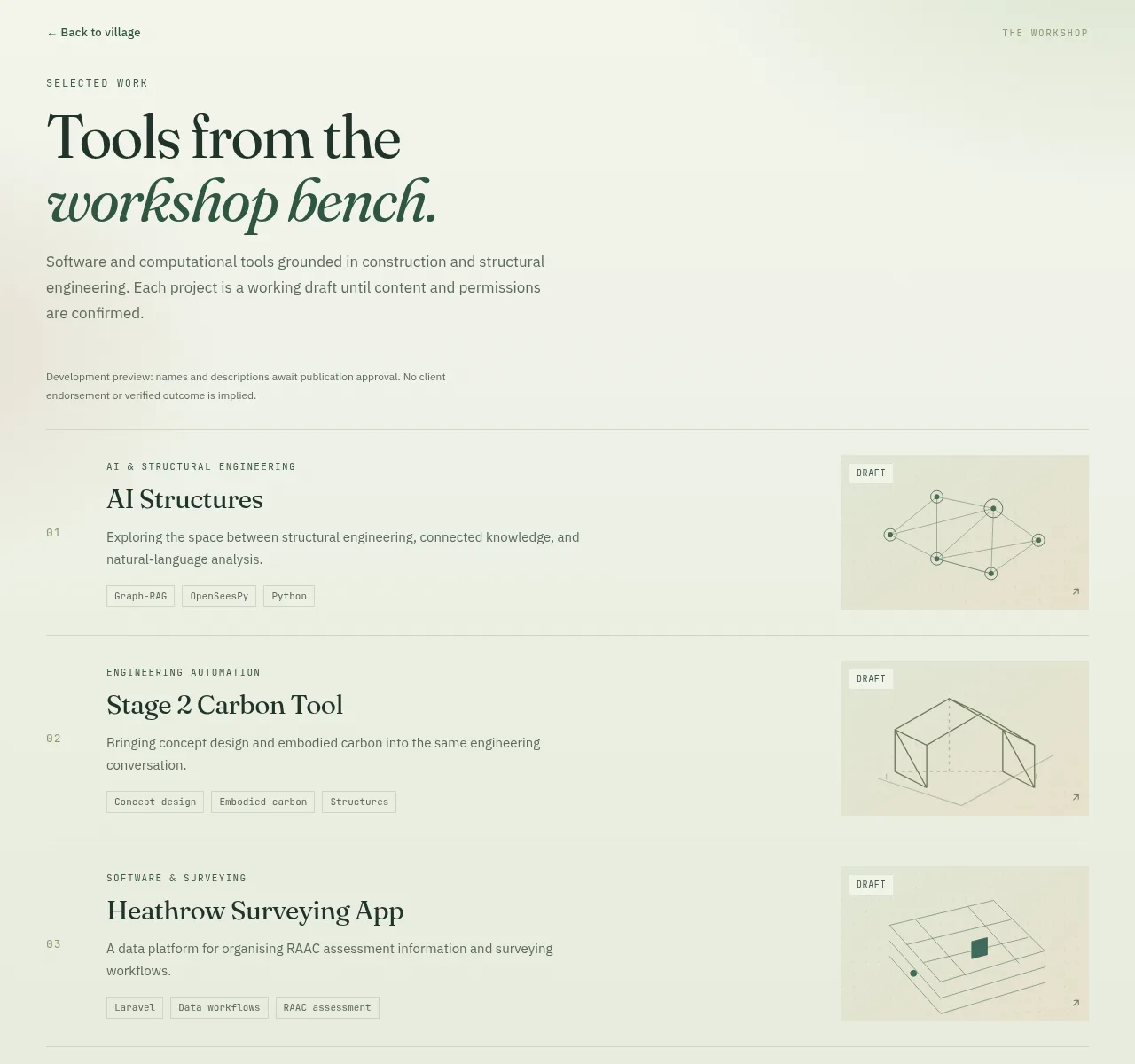 Workshop page listing draft case studies with technical diagrams and Back to village link